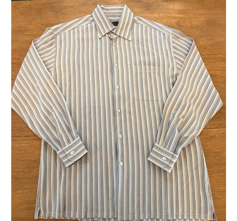 Bugatchi Uomo Men’s Large Striped Long Sleeve Button Down Shirt Blue Tan Black